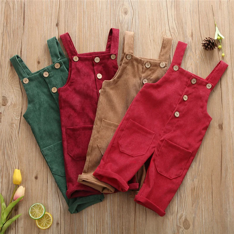 Toddler Baby Corduroy Suspender Rompers Solid Color Adjustable Strap Pockets Overalls Spring Autumn Button Down Trousers,6M-5Y