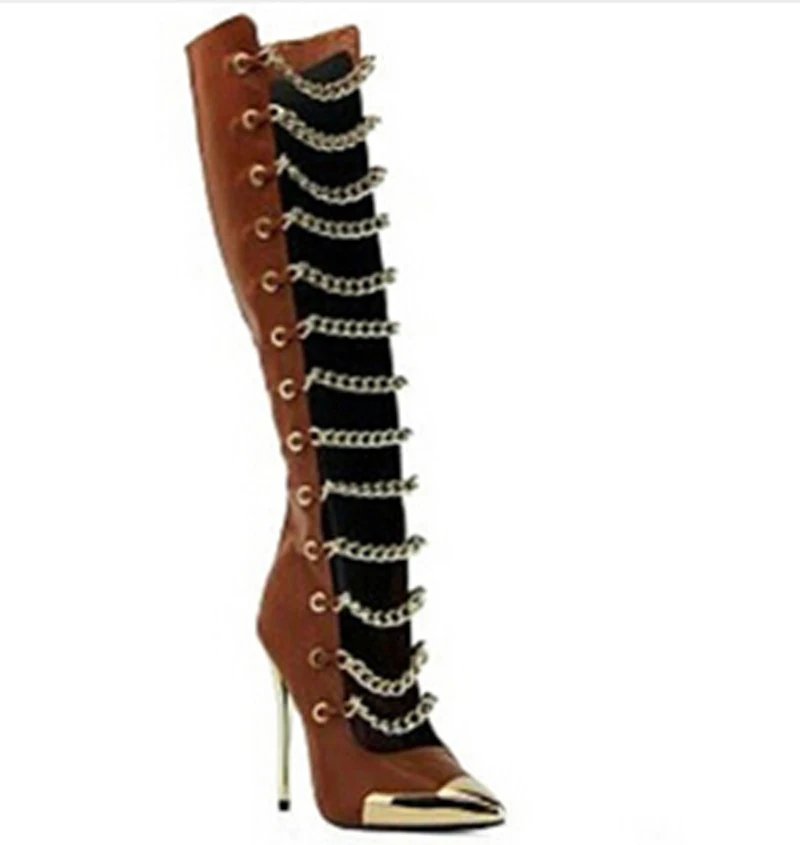 Metal Toe Chain Straps Knee High Boots Hollow out High-heeled Boots Black Leather Suede Winter Tight High Boots Plus Size