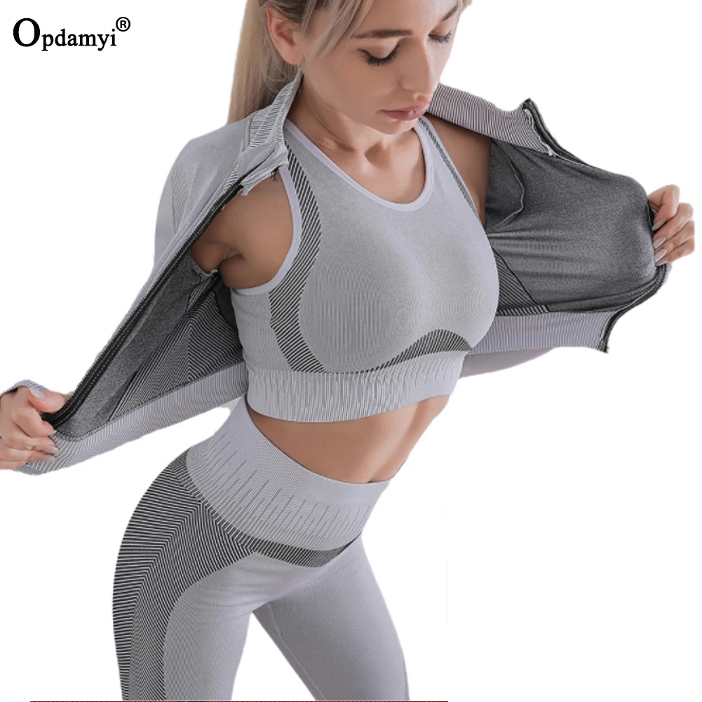 

3Pcs Women Seamless Fitness Clothes Yoga Set Sportswear High Waist Leggings + Push Up Bra Gym Running Zipper Jacket Workout Wear