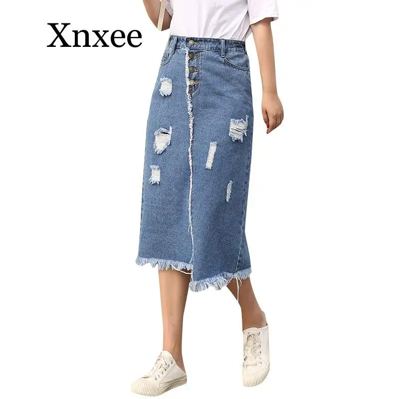 

Women Summer Oversized Skirt Korean Style Fat Mm Hole Ripped Midi Denim Skirt Women Casual Tassels Cotton Denim Skirts