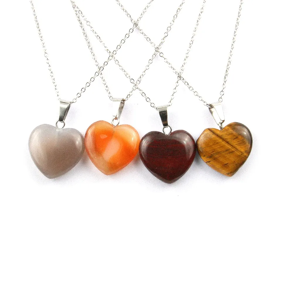 Natural Stone Pendant Heart Shape Natural Stone Tiger Eyes Necklace Quality Stainless Steel Necklace