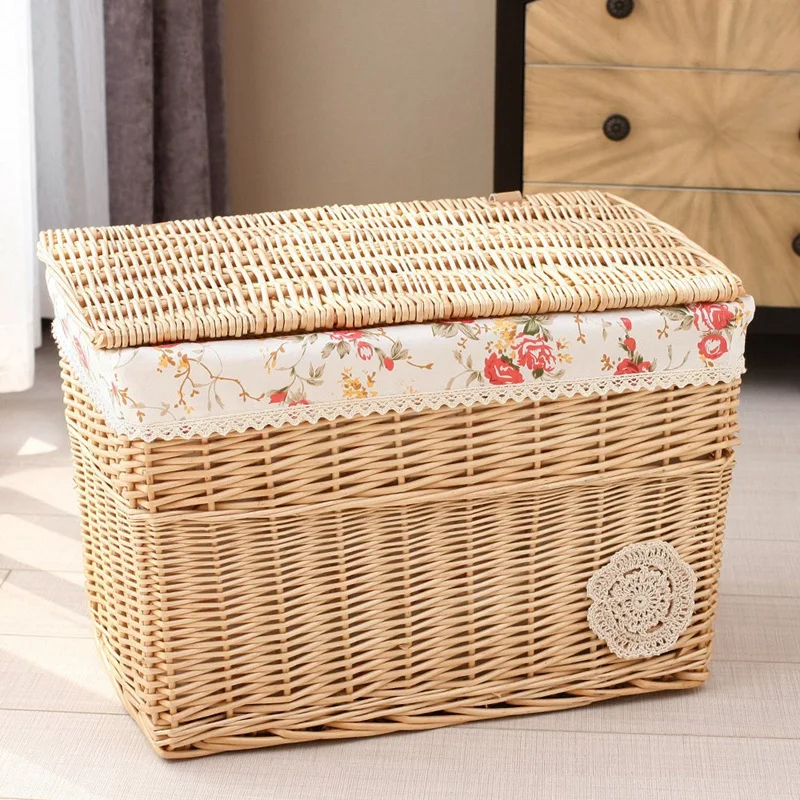 Wicker Storage Basket Hand-Woven Storage Basket Multipurpose Container with Lid for Desktop Home Decoration