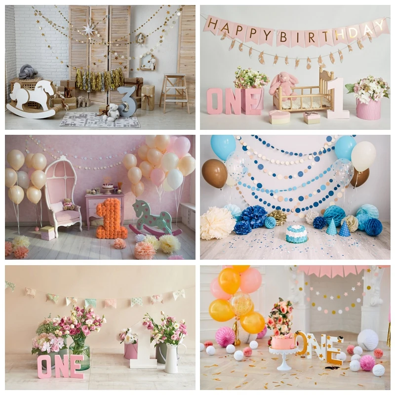 

Laeacco Happy 1st Birthday Party Floral Flower Balloons Cake Gift Baby Portrait Family Photocall Photo Background Photo Backdrop