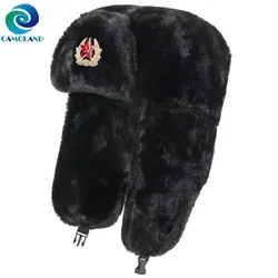 CAMOLAND-Sombrero de bombardero de piel sintética para hombre y mujer, gorra de insignia militar del ejército soviético, gorra térmica con orejeras, sombrero de Rusia, Invierno