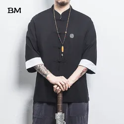 Chinese Style Shirt Ancient Style Wu Dang Clan Cotton Linen Buckle Short Sleeves Men Solid Color Tang Suit Summer Clothing
