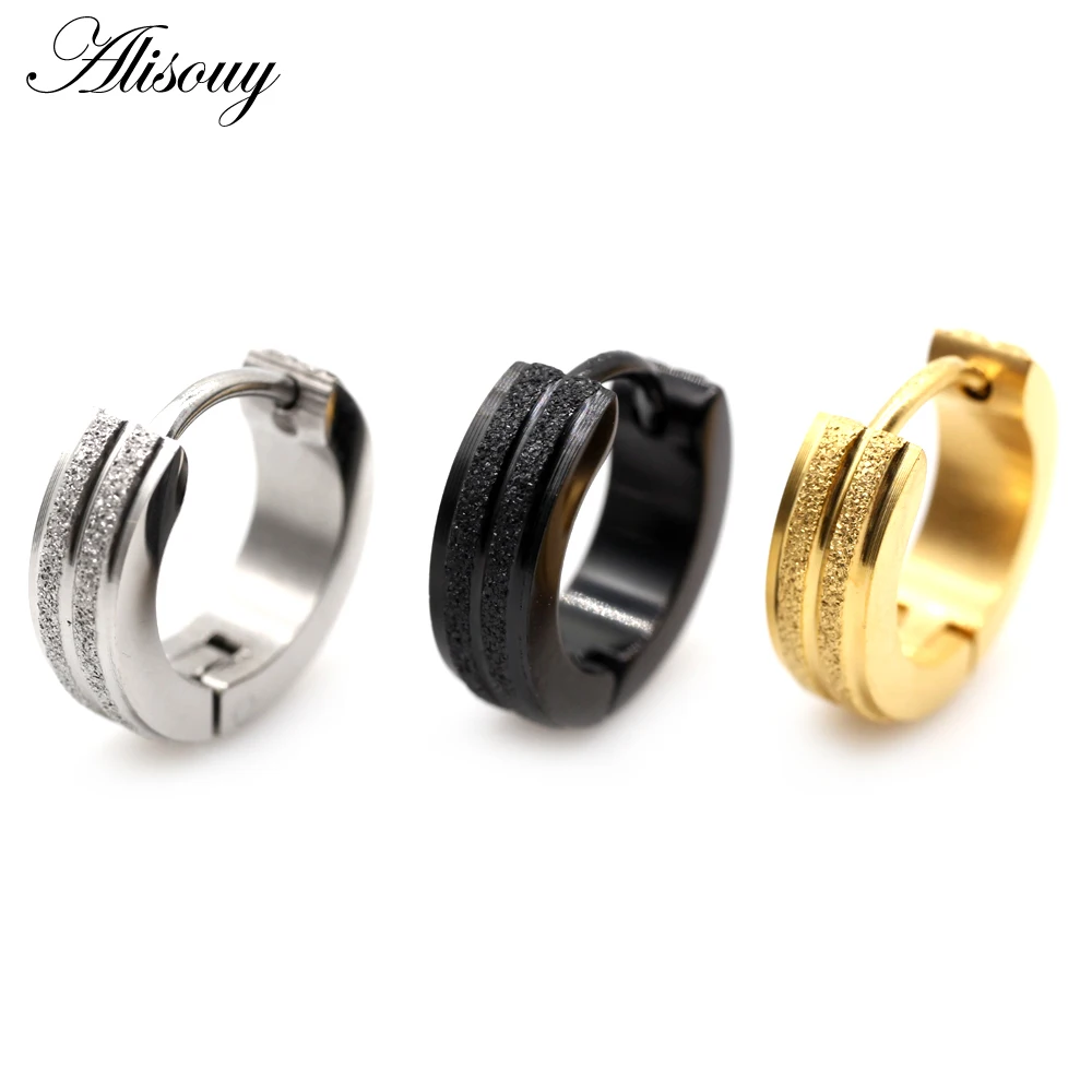 Alisouy 2pcs New Frosted Scrub Groove Ear Earring Stainless Steel Small Circle Hoop Earrings for Women Men Punk Piercing Jewelry