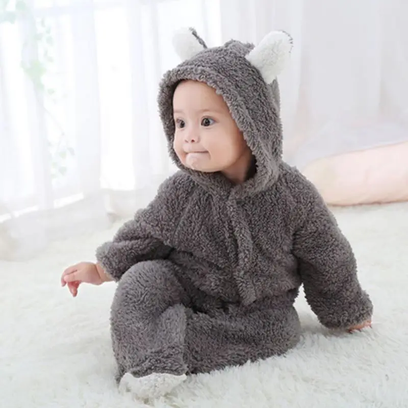 Baywell Winter Baby Clothes Flannel Baby Boy Clothes Cartoon Animal 3D Bear Ear Romper Jumpsuit  Warm Newborn Infant Romper New