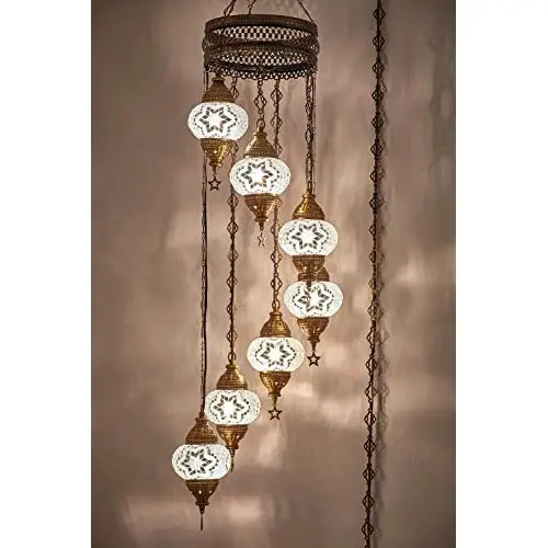 

7 Globes Swag Plug in English Moroccan Mosaic Bohemian Tiffany Ceiling Hanging Pendant Light Lamp Chandelier Lighting with 15fee