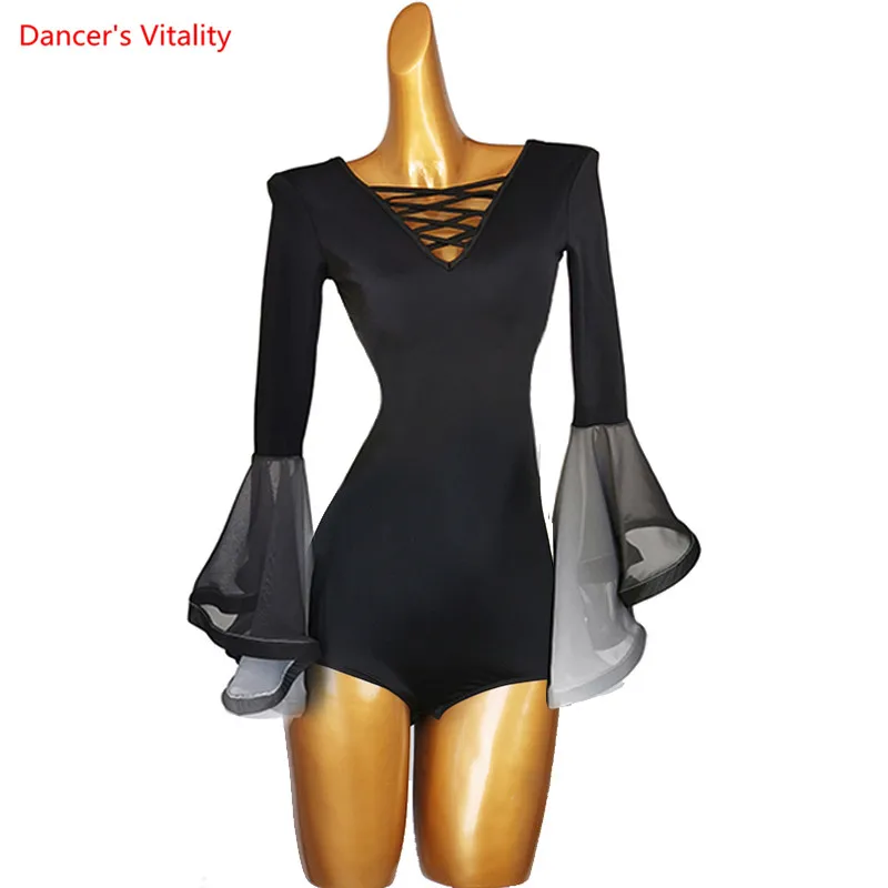 Latin Dance Body Suit V-Neck Long Sleeves Top Performance Clothes Profession Custom Female Adult Child Practice Clothing