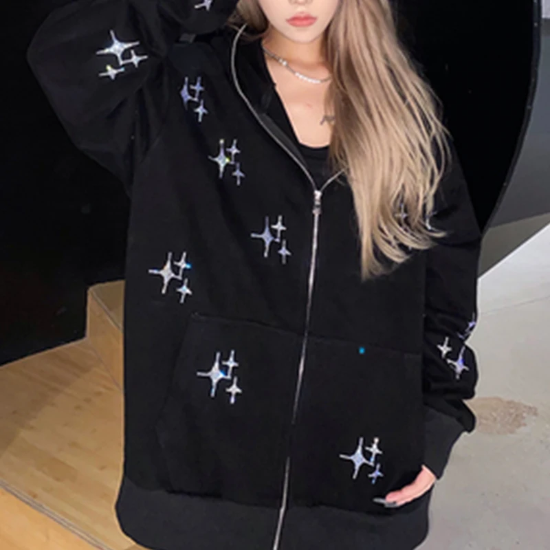 Zsiibo Y2K Vero Sweatshirt Loose Hoodie Women Zip Up Long Sleeve Coat Punk Female Vintage Harajuku Grunge Clothes Rhinestone