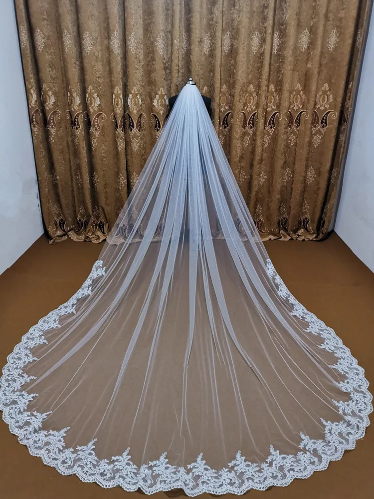 

Real Photos 5M Tulle Lace Cathedral Long Wedding veils Bride Veil White Ivory Metal Comb Wedding Accessories Veu De Noiva