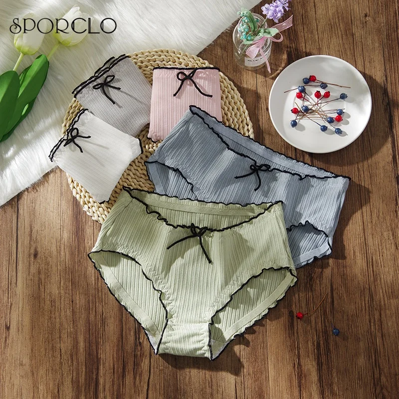 

SPORCLO 1 PC 5 Colors Cotton Panties Cute Bowkno Mid Waist Underwear Plain Soft Briefs For Girls Antibacterial Cotton Underpants