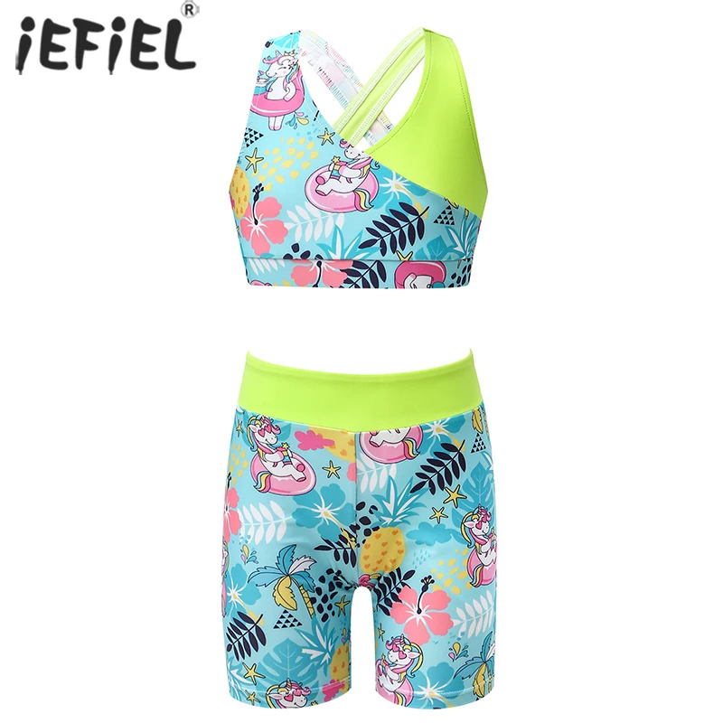 

Kids Girls Clothes Sets V Neck Sleeveless Straps Cross at Rear Tanks Crop Top with Shorts Workout Dancewear Gymnastics Outfit