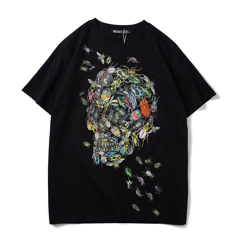 2020 New Arrival O-neck Knitted Print Short T Shirt Hip Hop Insect Head Portrait Fashion Brand Street Pure Cotton Personality