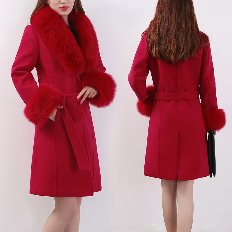 Autumn Winter Women\'s Woolen Coat New Fashion Fur collar Mid Long Outerwear Slim Large Size Pink Red Wool Coat Women Clothing