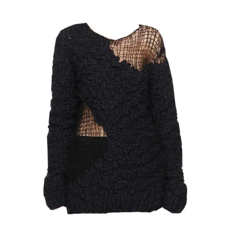 Hollow-Out Women Design Mesh Coarse Needle Knit Sweater Autumn Winter New Irregular Pullover Female Fashion Casual Korean Top