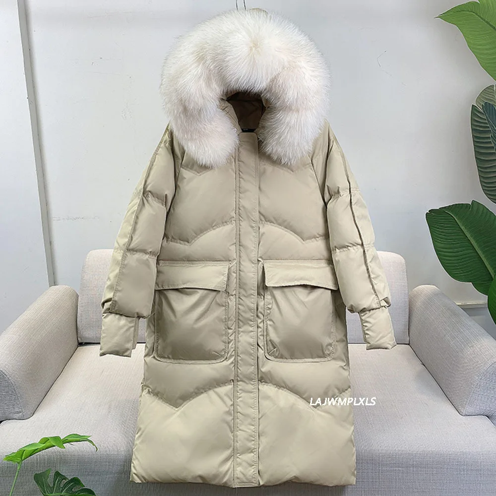 Winter Loose Windbreak Long Coat Women Real Natural Fur Hooded Jacket 90% White Duck Down Coat Thick Warm Snow Outwear