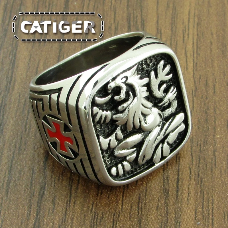 Free Shipping Punk 316L Stainless Steel Phoenix Totem Ring Medieval Signet Mens Red Enamel Knight Templar Crusade Cross Rings