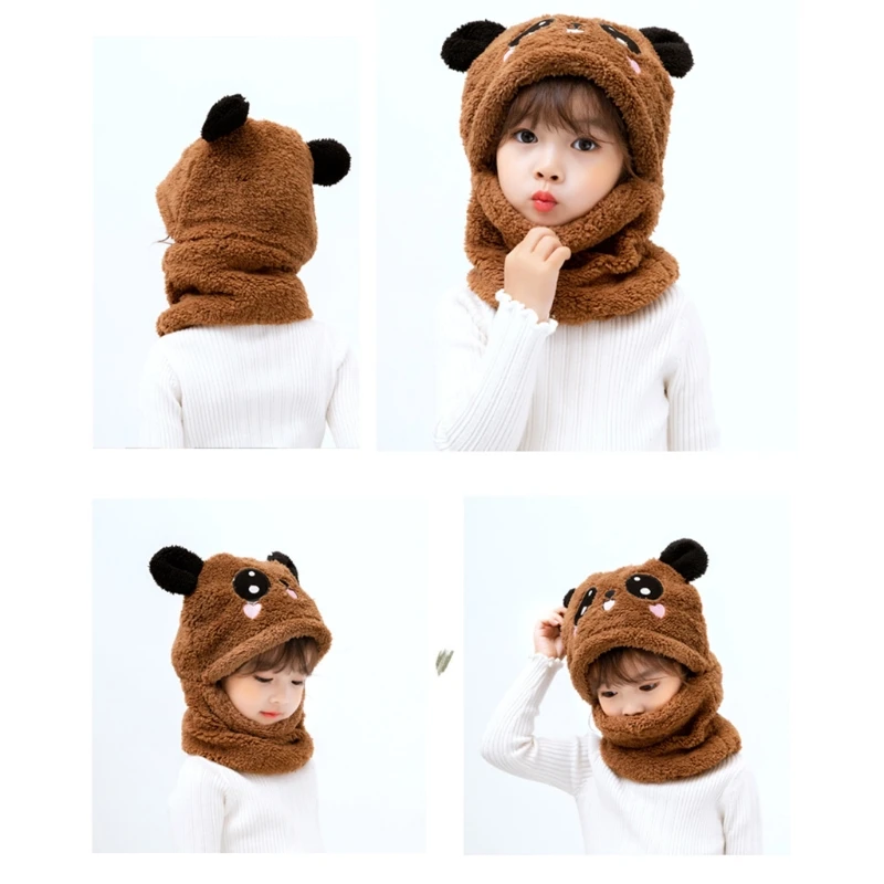 Adult Kids Winter Fuzzy Plush Balaclava Hat Cartoon Panda Rabbit Windproof Full Cover Earflap Hood Cap Neck Warmer Scarf