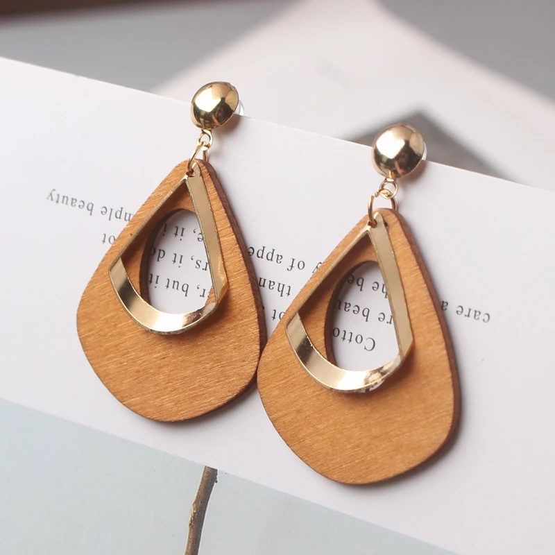 5 Colors New Trendy Wood Hollow Waterdrop Dangle Earrings for Women Handmade Fashion Geometric Tassel Jewelry Wild Party Gift