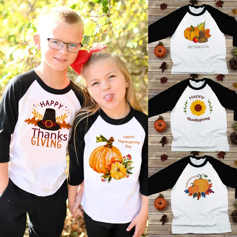 

Thanksgiving Pumpkin Shirts Kids Boys Girls Long Sleeve Autumn Fall Shirts Halloween/thanks Giving Raglan T-shirts Drop Ship