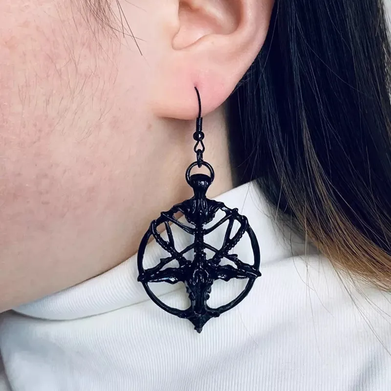 Retro Satan Pentagram Goat Head Skull Earrings Demon Round Pendant Eardrop Gothic Jewelry Ancient Greek mythology