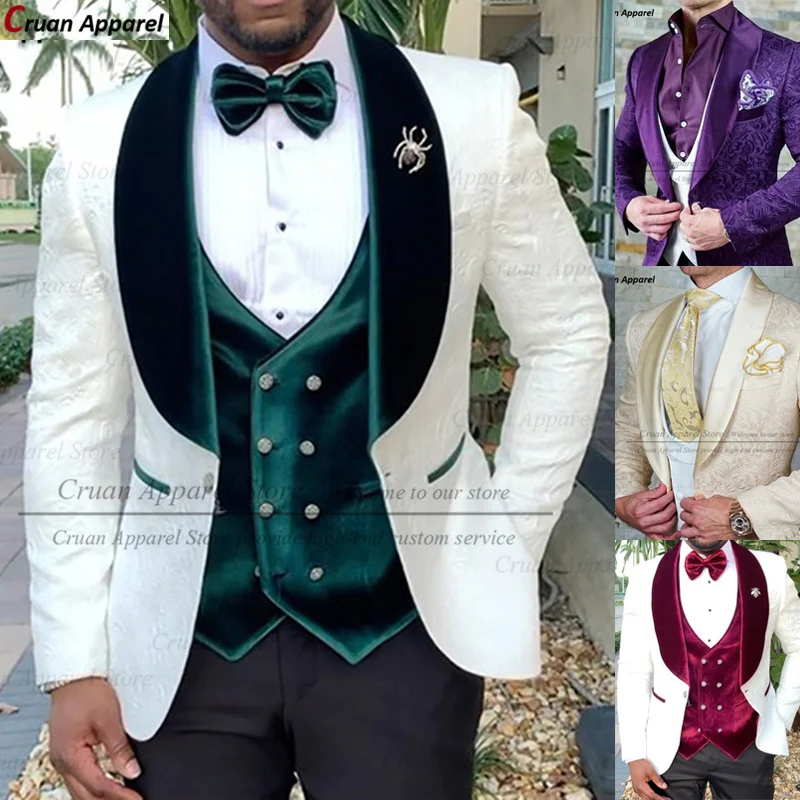 

Luxury White Jacquard Suit Male Set Slim Fit Wedding Groom Dress Tuxedo Shawl Lapel Blazer Burgundy Velvet Vest Pants 3Pcs 2025