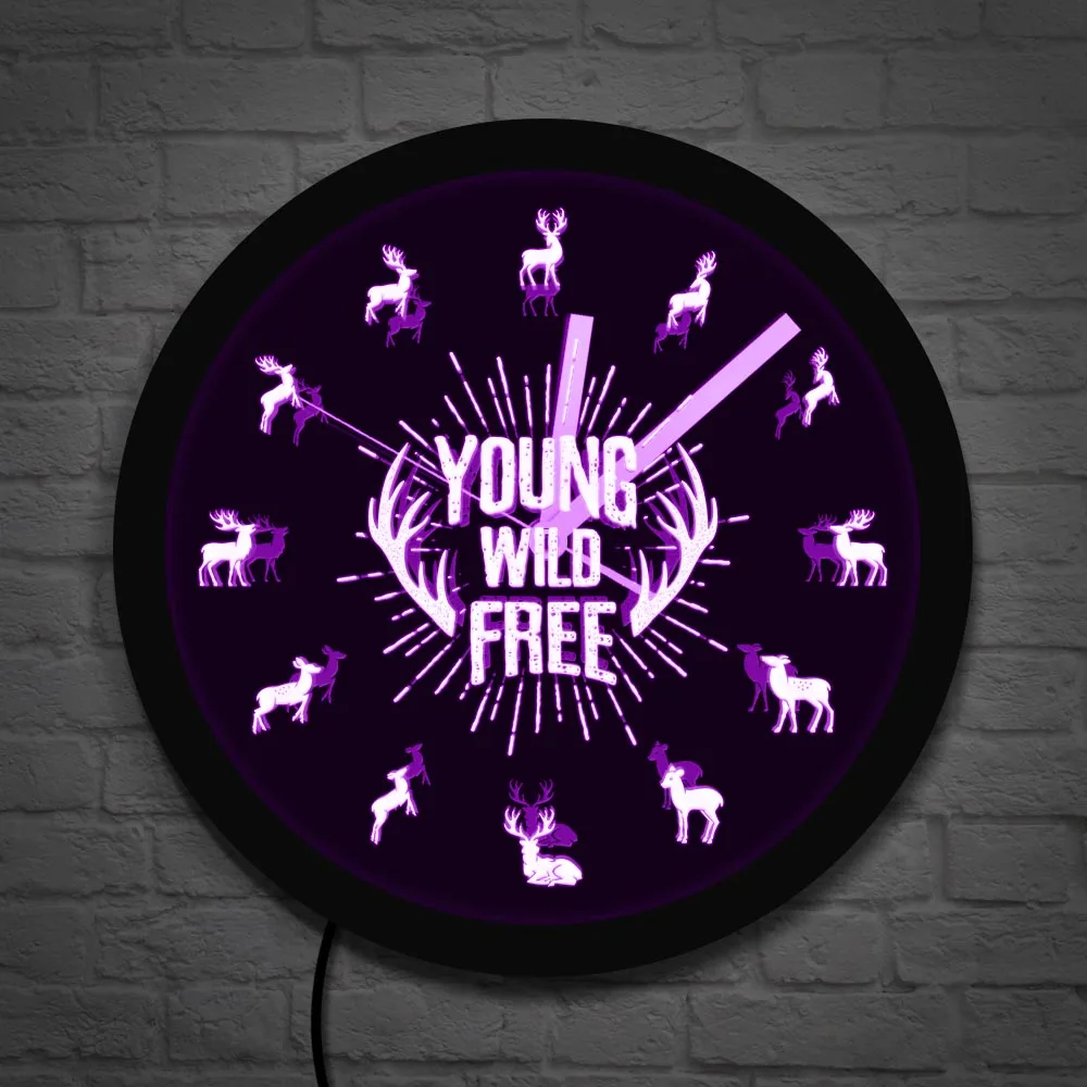 Young Wild Free Inspirational Quote Wall Clock with LED Backlight Elk Wapiti Silhouette Color Changing Wall Light Christmas Gift