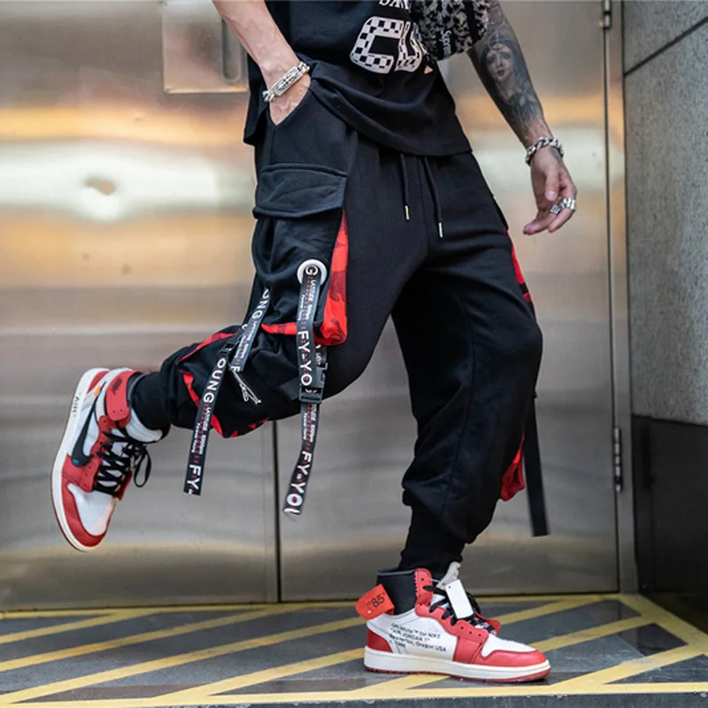 Hip Hop Joggers Pants Men Ribbons Pocket Cargo Trousers Track Tactical Casual Fashion Elastic Waist Streetwear Pant