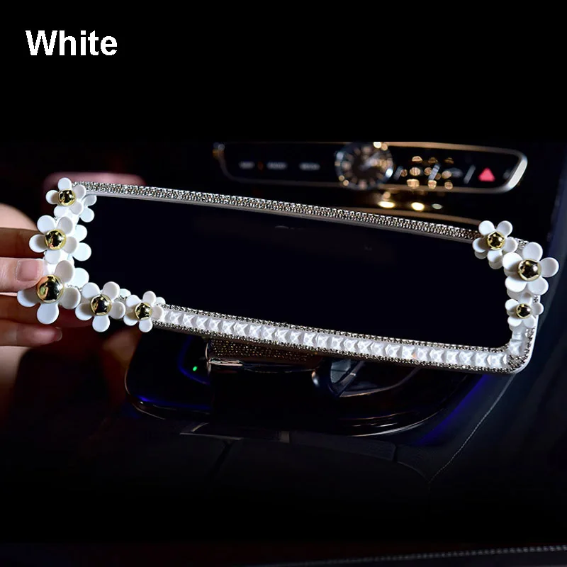 Bling Car Diamond Interior Rearview Mirror Decoration Daisy Flower Crystal Car Rear View Mirror for Girls Women Auto Accessories