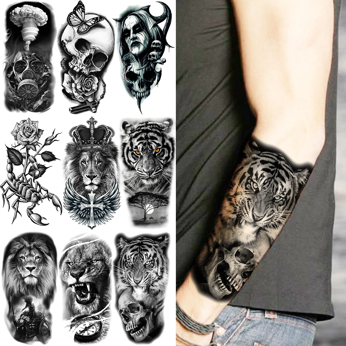 Tiger Skull Skeleton Temporary Tattoos For Women Men War Vampire Scorpion Lion Rose Flower Fake Tattoo Sticker Arm Tatoos 3D