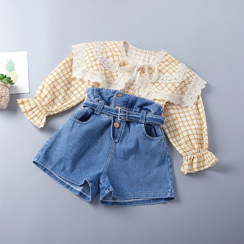 3-10 Years High Quality 100%Cotton Spring Girl Clothing Set 2022 New Pink Yellow Kid Children Clothes Blouses+Short Jean