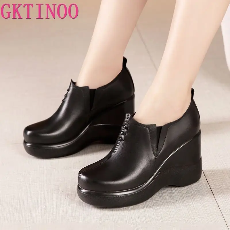 GKTINOO Wedges Shoes for Women 2024 Autumn Winter Platform Pumps Woman High Heels Leather Office Shoes Ladies Plus Size 33-43