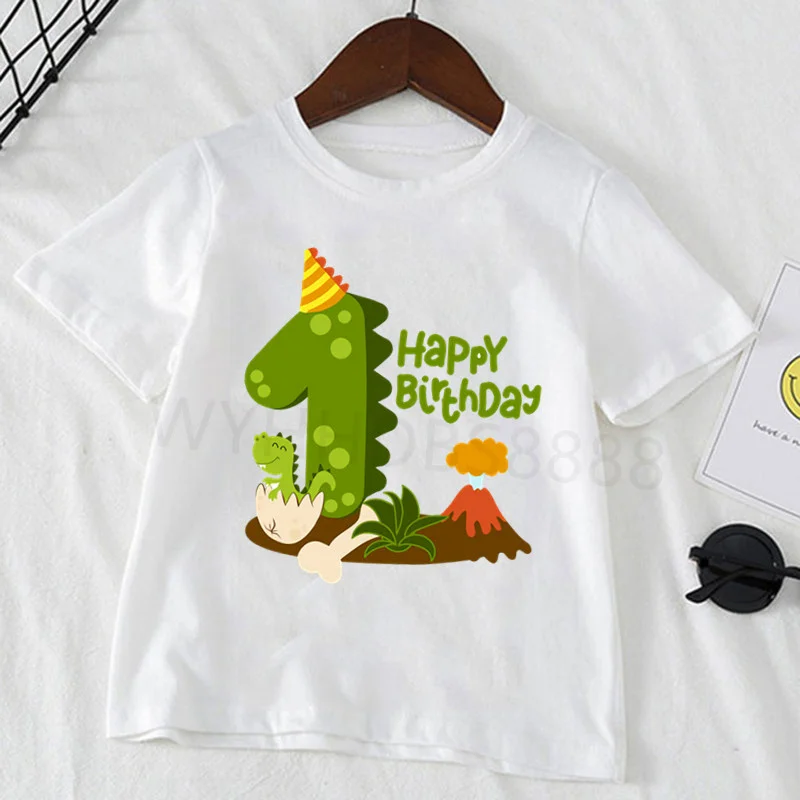 24M-8T Kids Dinosaur Cartoon Birthday Number White T Shirt Boys and Girls Summer Dino Top Birthday Gift