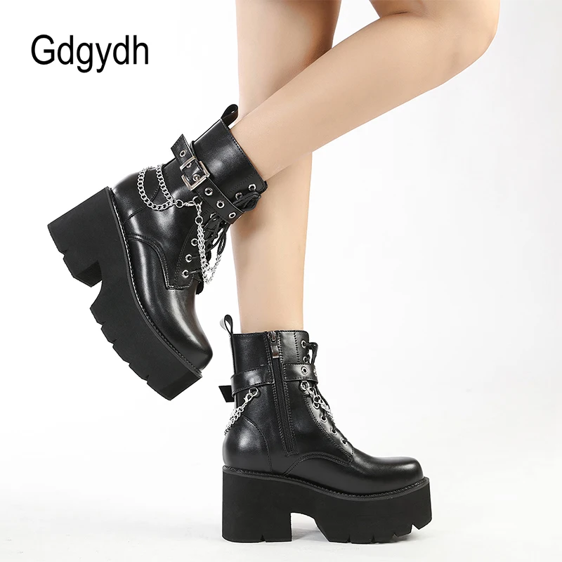 Gdgydh Modern Boots Woman Shoes Gothic Metal Decoration Black Boots Women Heel Sexy Chain Chunky Heel Platform Footwear Zipper