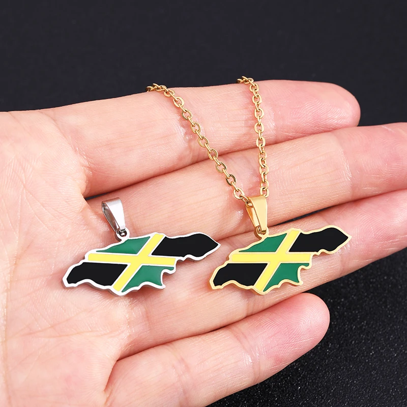 Jamaica Map and National Flag Pendant Necklaces For Women Stainless Steel Gold Color Jamaican Ethnic Birthday Party  Jewelry