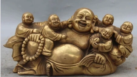 RHS0170 10"Marked Chinese Bronze Brass Five Kids kId Happy Laugh Buddha Hold Bead Statue