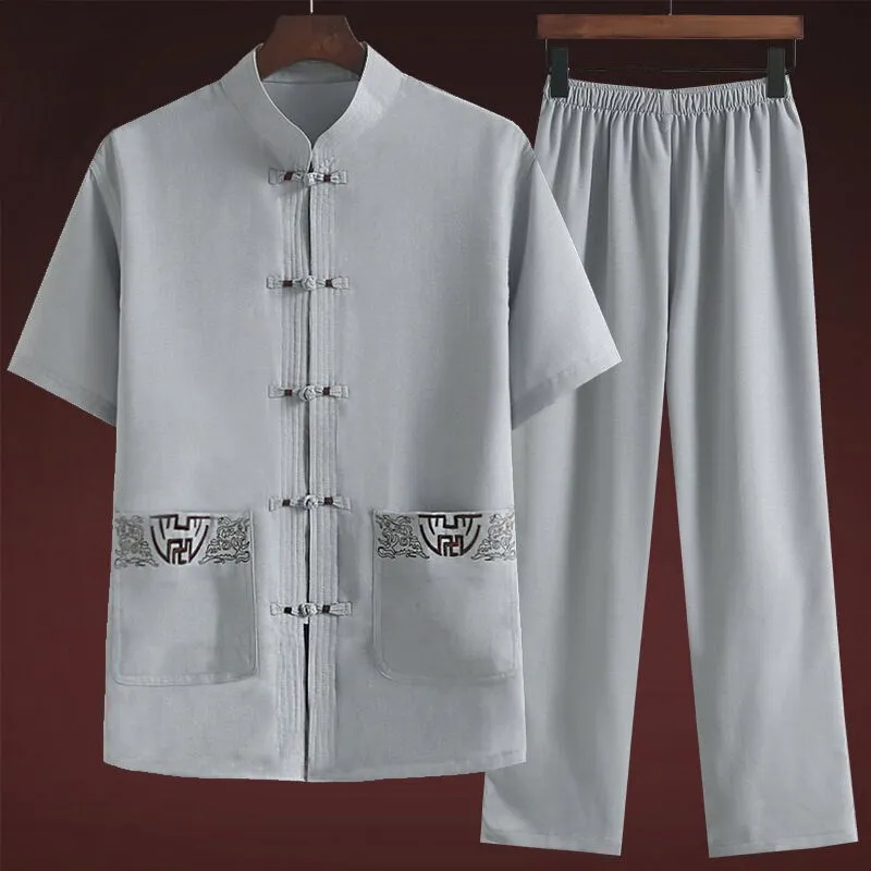 

Traditional Chinese Clothing Set for Men Adult Tai Chi Kung Fu Uniforms Linen Short Sleeve Embroidery Casual Chinese Costumes