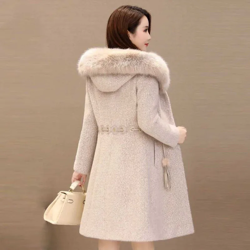 Gold Mink Coat Women Mid-Length 2024 Winter New Jacket Thickened Warmth Imitation Mink Outwear Ladies Hooded Woolen Overcoat Top