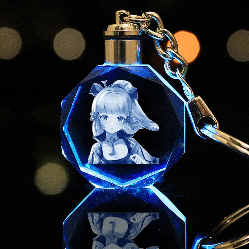 Game Impact Cosplay Kamisato Ayaka/Zhongli Colorful Luminous Crystal Key Chain for Women Accessories Pendant Key Ring Gift