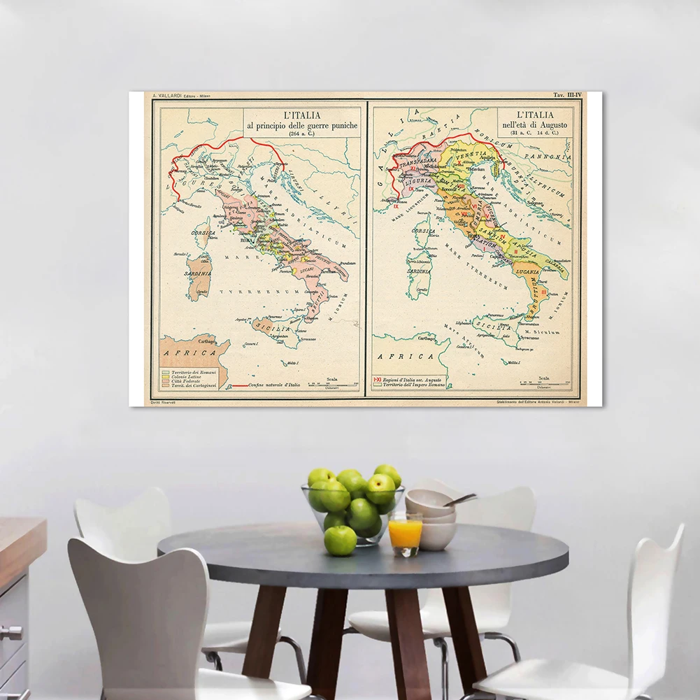 150*100 cm The Italy Retro Map Vinyl Canvas Painting Wall Art Poster Classroom Home Decoration School Supplies