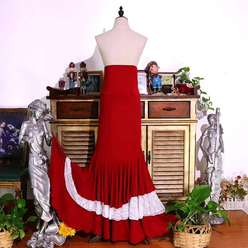 Spanish Flamenco Skirt Fitted Red Modal Cotton Combined with White lace skirt Multiple Colors  EKK13