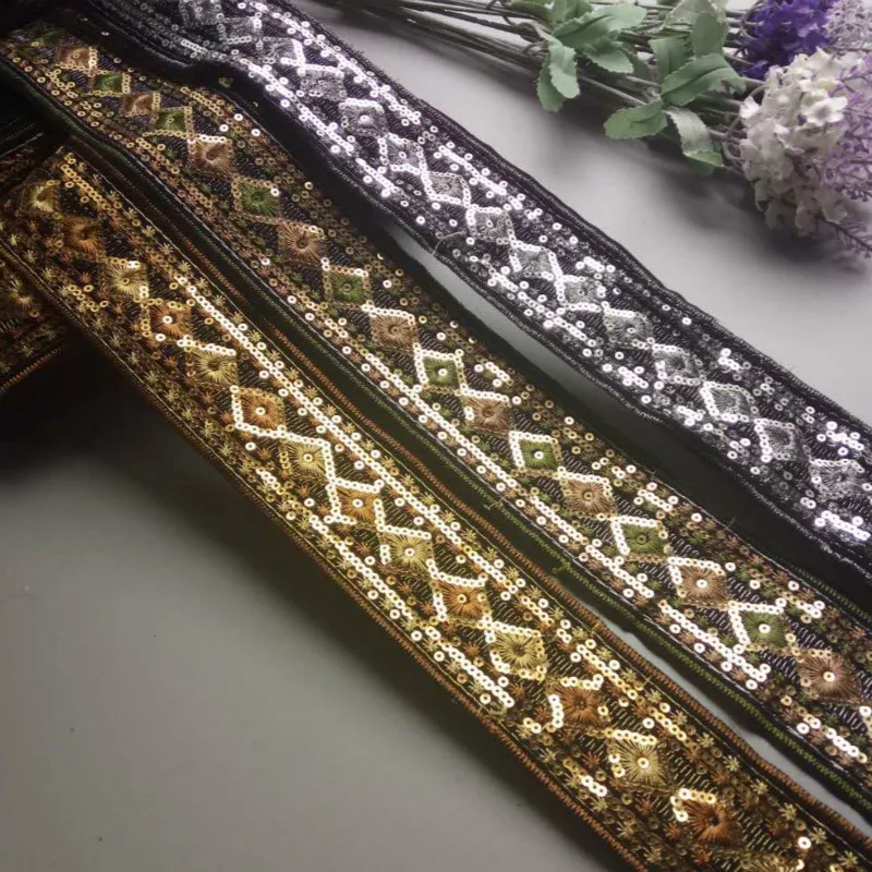 

2 yards 50mm Ethnic Silver Gold Thread Mesh Sequins Webbing Ribbon Tape Shoes Dress Decorative Embroidered Lace Trims DIY Sewing