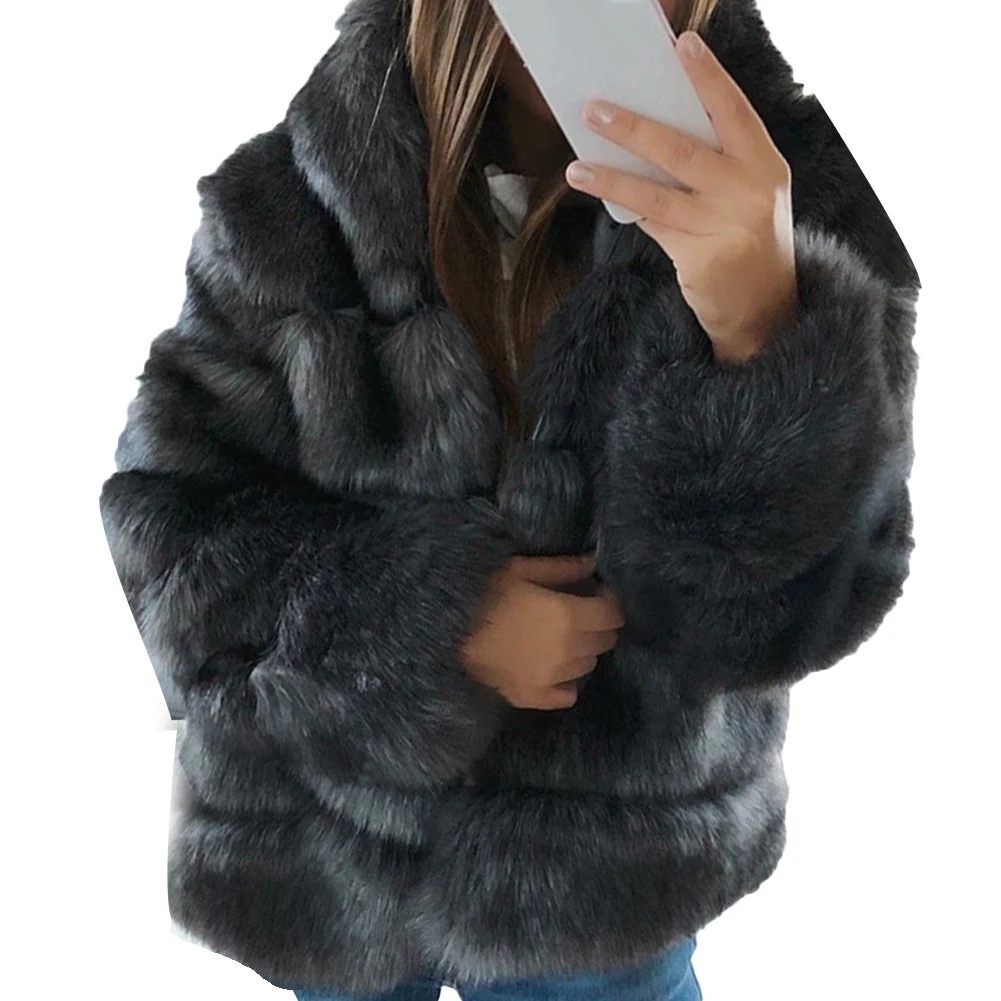 Women Thicken Warm Fluffy Hooded Coat Long Sleeve Faux Fur Jacket Outerwear Ladies solid color short with plush winter coat