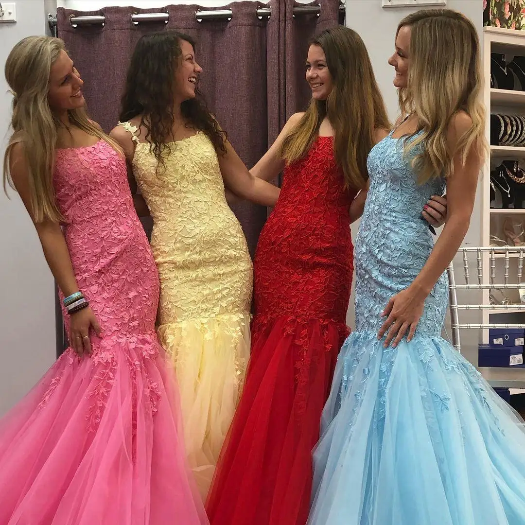 Mermaid Prom Dresses 2021 Light Sky Blue Lace Pageant Jurken Geel Rood Lila Lace Up Back Formele Event Slijtage Spaghetti hals