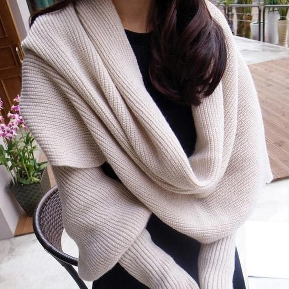 Unisex Winter Women Men Soft Warm Knitted Solid Sweater Scarf With Sleeve Wrap Shawl Scarves 240 x 50cm