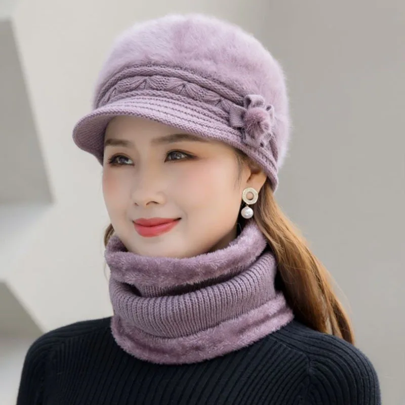 Winter hat female knitted rabbit fur hat bib glove suit flower beret middle-aged elderly plus velvet warm cap a gift for mother