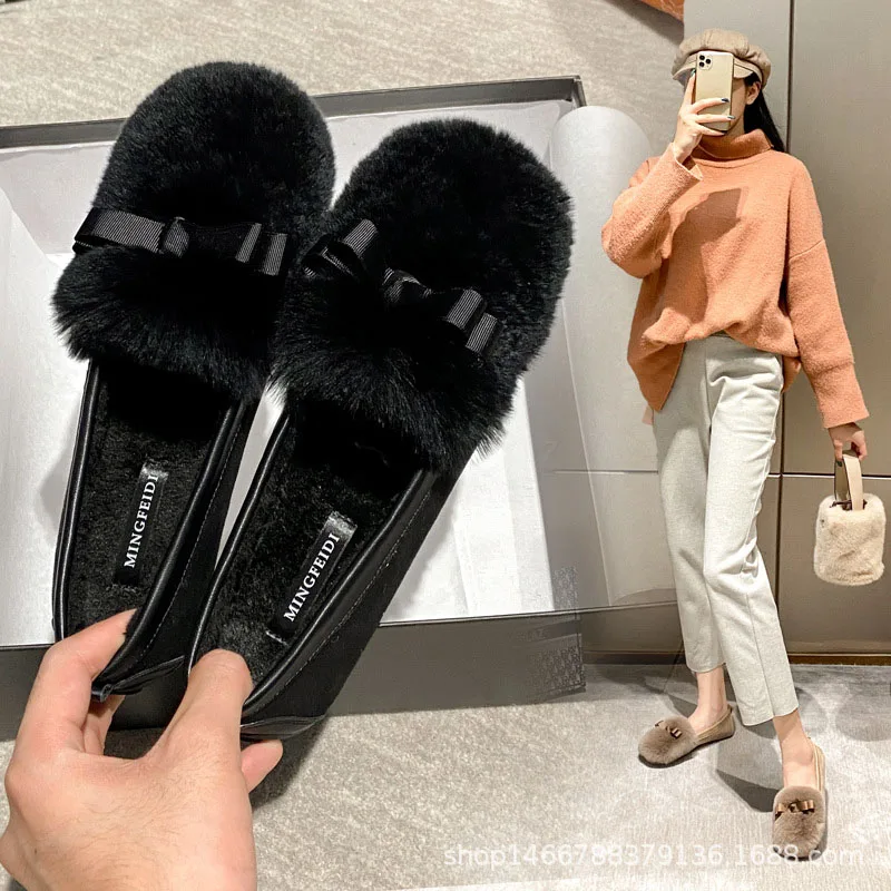 silk bow decoration fur winter shoes for women cozy flock plush padded moccasins female bowtie rabbit fur loafers big size 43