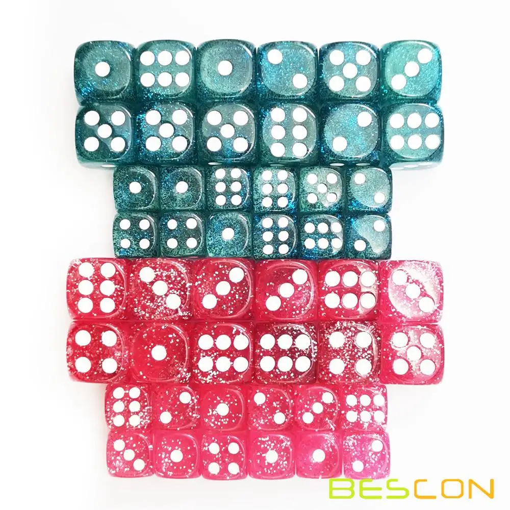 Bescon Ethereal Glitter Dice D6 16MM&12MM 48pcs Set, Game Dice Glitter Rose and Teal in 12MM&16MM Each 12pcs