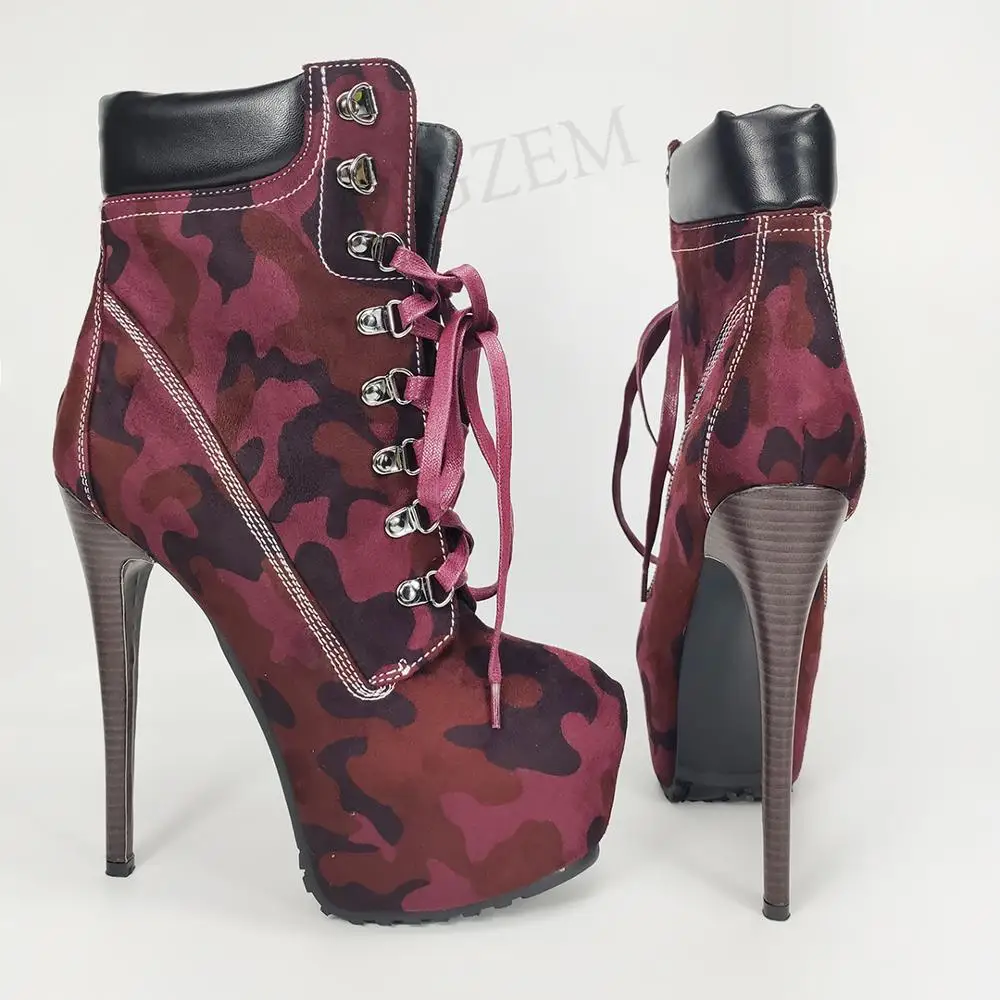 

LAIGZEM Women Ankle Platform Boots Round Toe Camouflage High Heels Booties Lace Up Faux Suede Shoes Woman Big Size 43 48 50 52